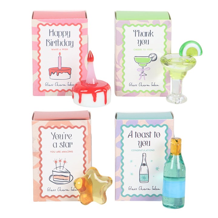 Set of 24 Glass Celebration Charms in Display