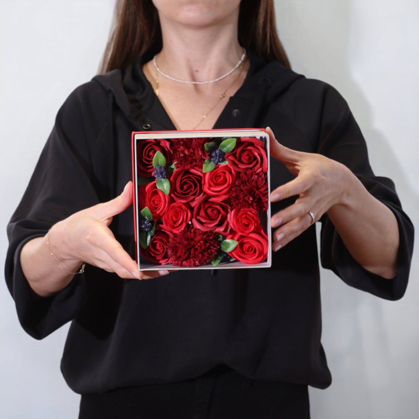 Square Box - Classic Red Roses.- Soap Flower Gift