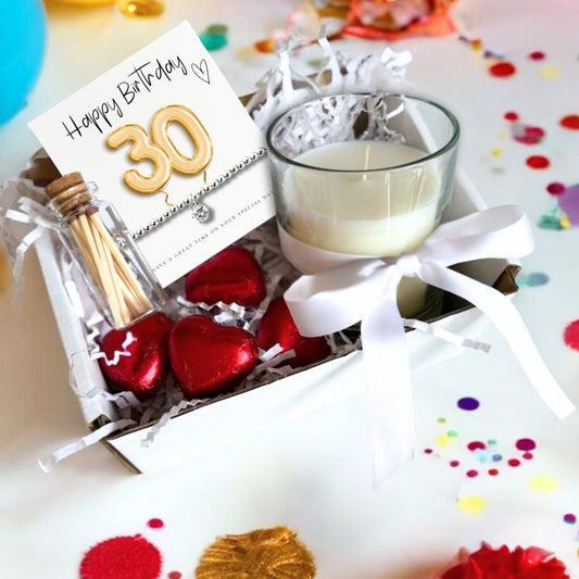 Small 30th Birthday Gold Balloons Gift Hamper - Cubic Zirconia Bracelet, Chocolates & Candle