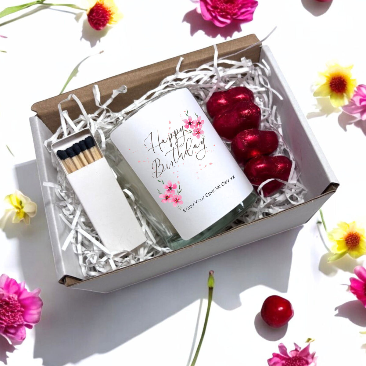 Pink Flowers Happy Birthday Candle Gift Set | Birthday Gift Box For Her | Birthday Gift | Birthday Gift Hamper | Mums Birthday Gift UK