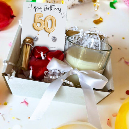 Small 50th Birthday Gold Balloons Gift Hamper - Cubic Zirconia Earrings, Chocolates & Candle