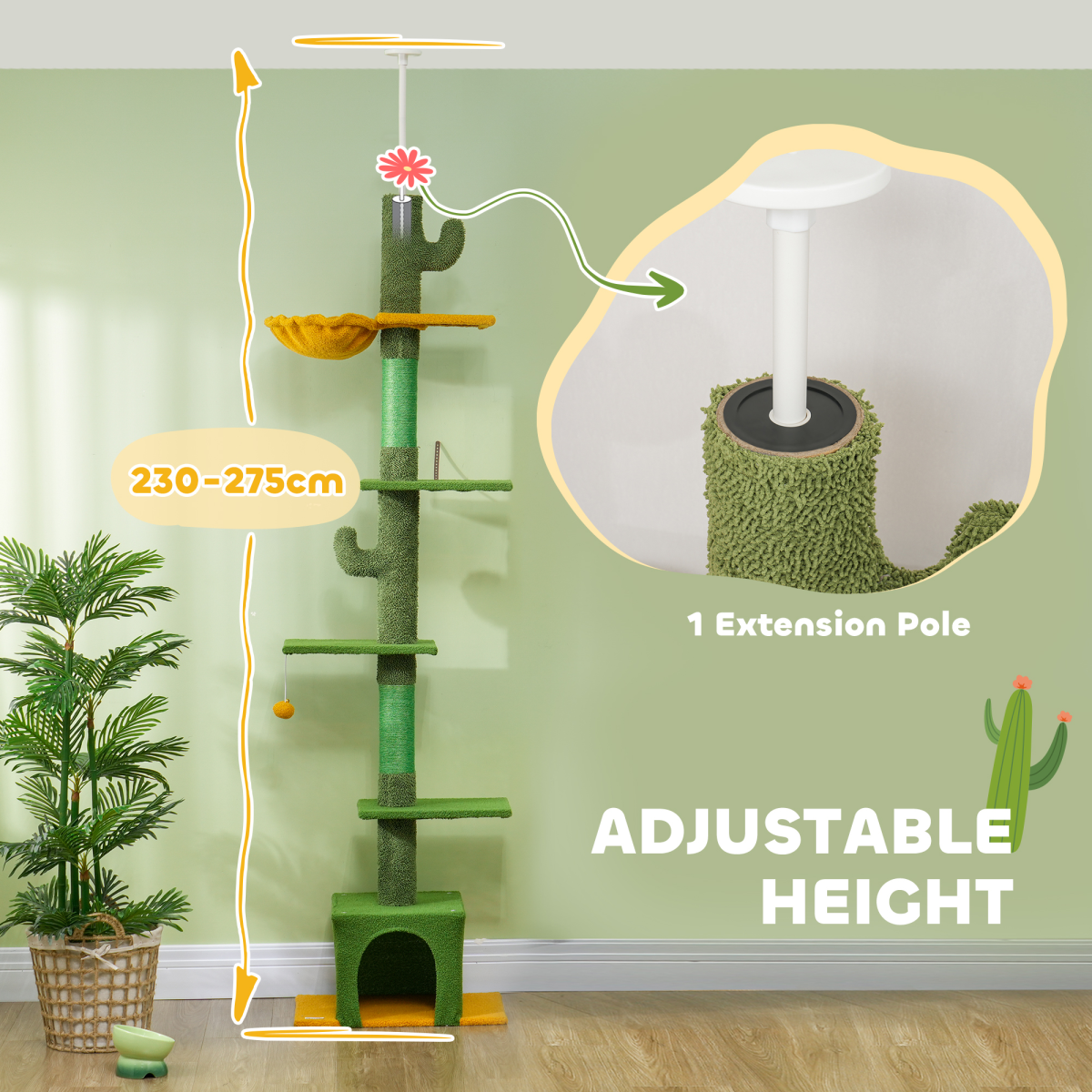 PawHut 230-275cm Floor-to-Ceiling Cat Tree for Indoor Cats with Cat House