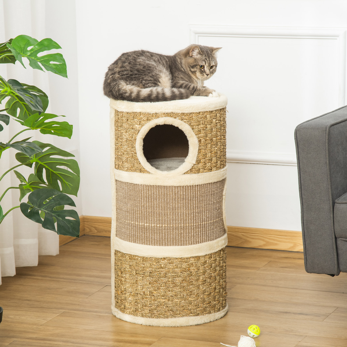 Cat Scratching Barrel Kitten Tree Tower with Sisal and Seaweed Rope Pawhut