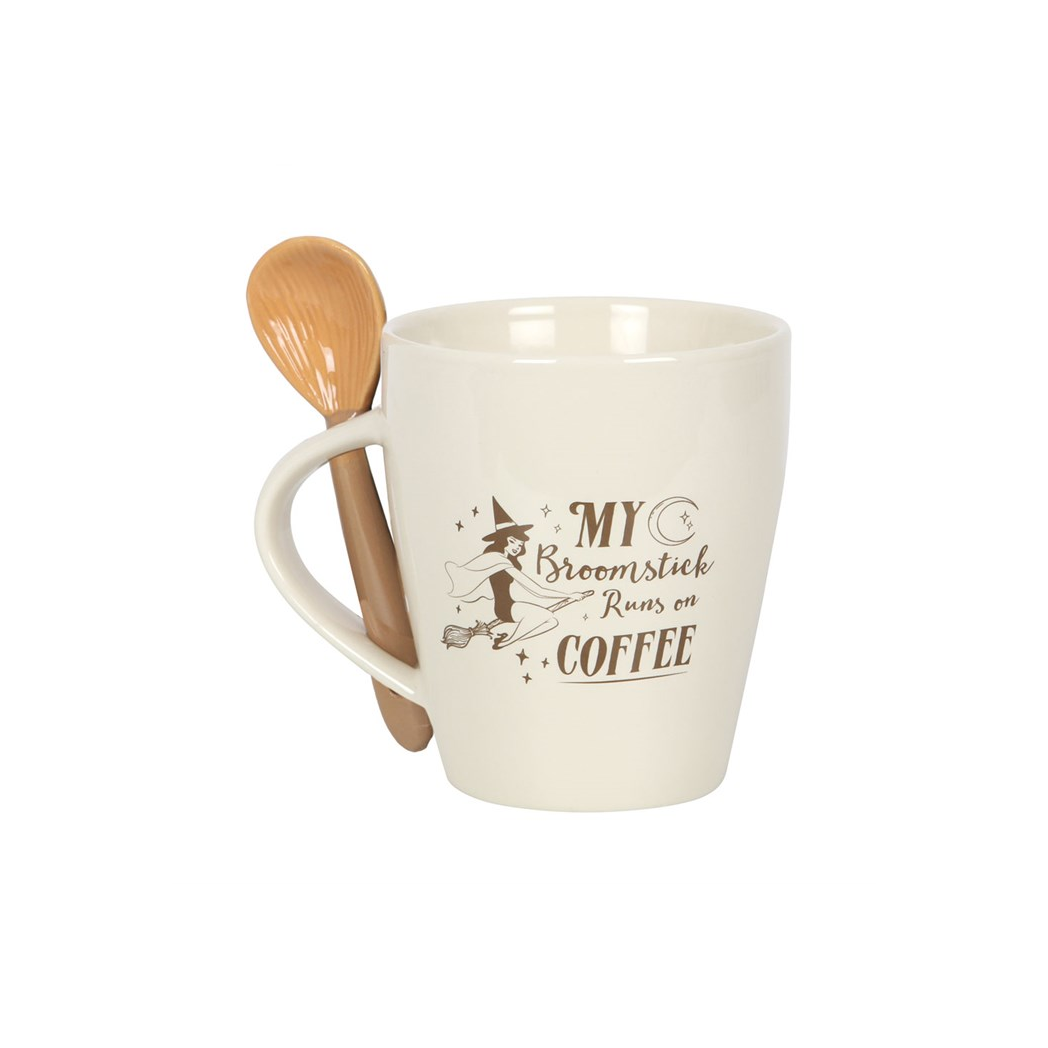 My Broomstick Runs on Coffee Mug and Spoon Witch Set