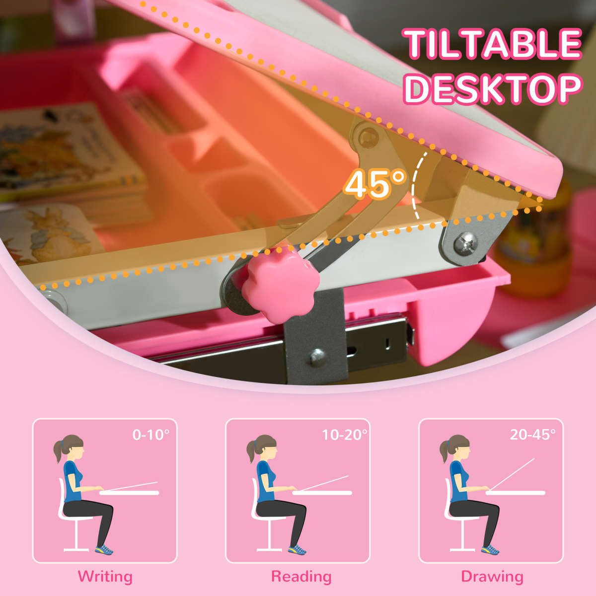 Kids Desk and Chair Set, Height Adjustable Desk with Drawer, Pen Slot, Hook