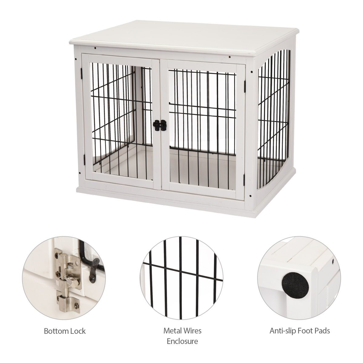Wooden Dog Crate End Table Pet Puppy Cage w/Metal Wire for Small Dog White
