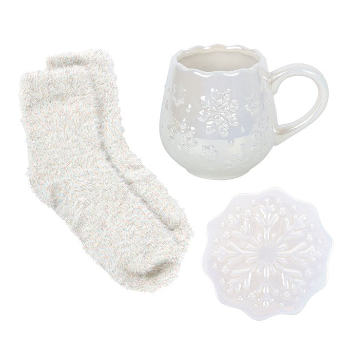 Iridescent Snowflake Mug, Coaster and Socks Christmas Gift Set