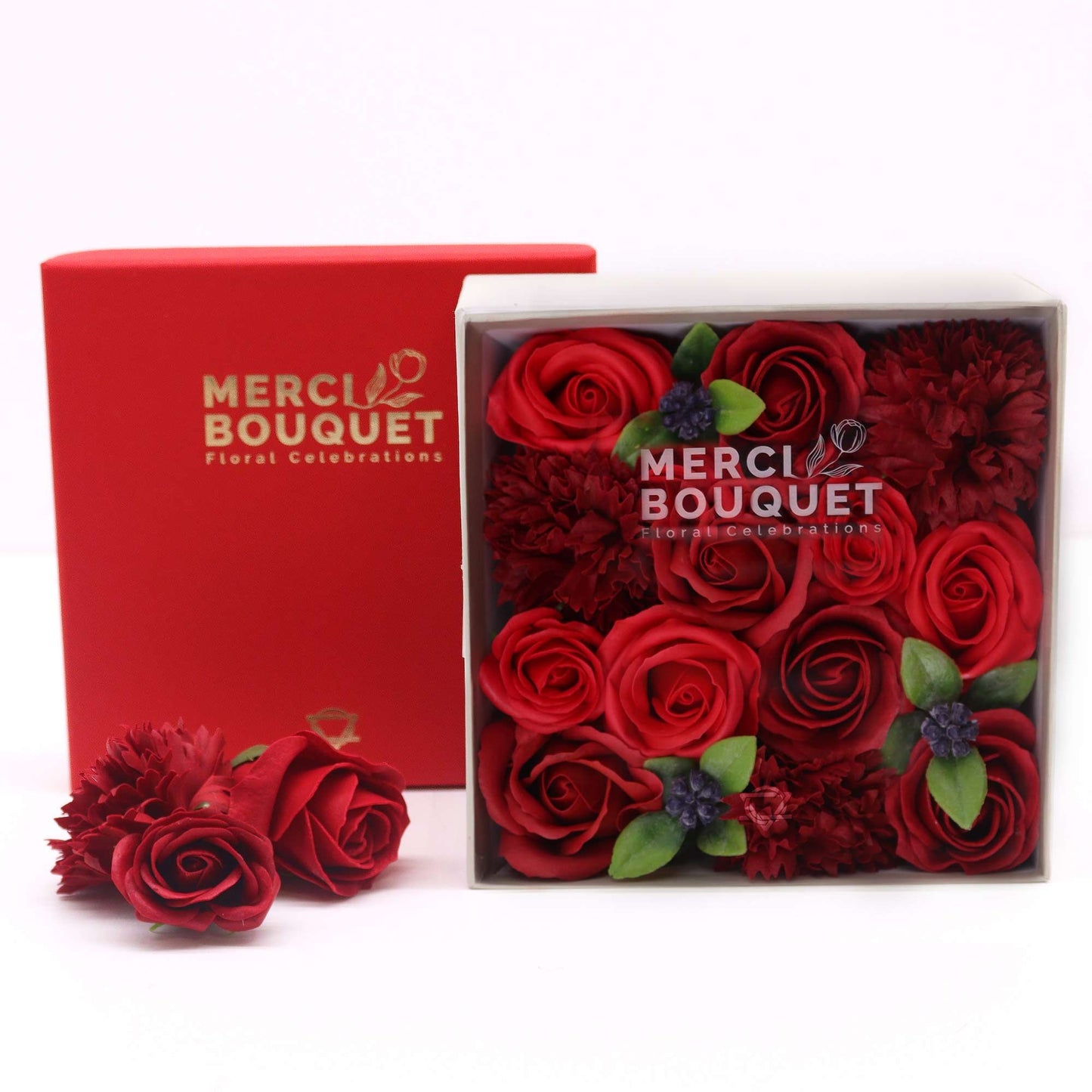 Square Box - Classic Red Roses.- Soap Flower Gift