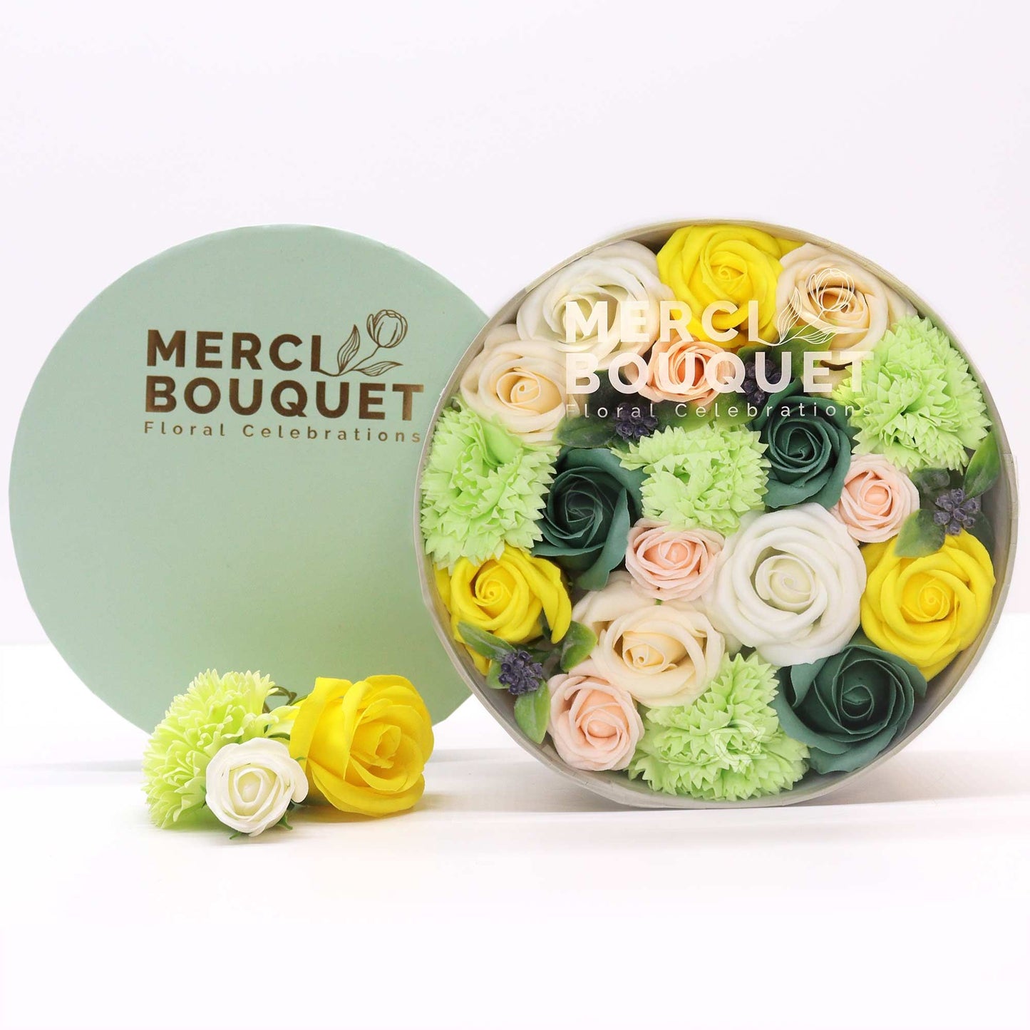 Round Box - Spring Celebrations - Yellow & Greens -- Soap Flower Gift