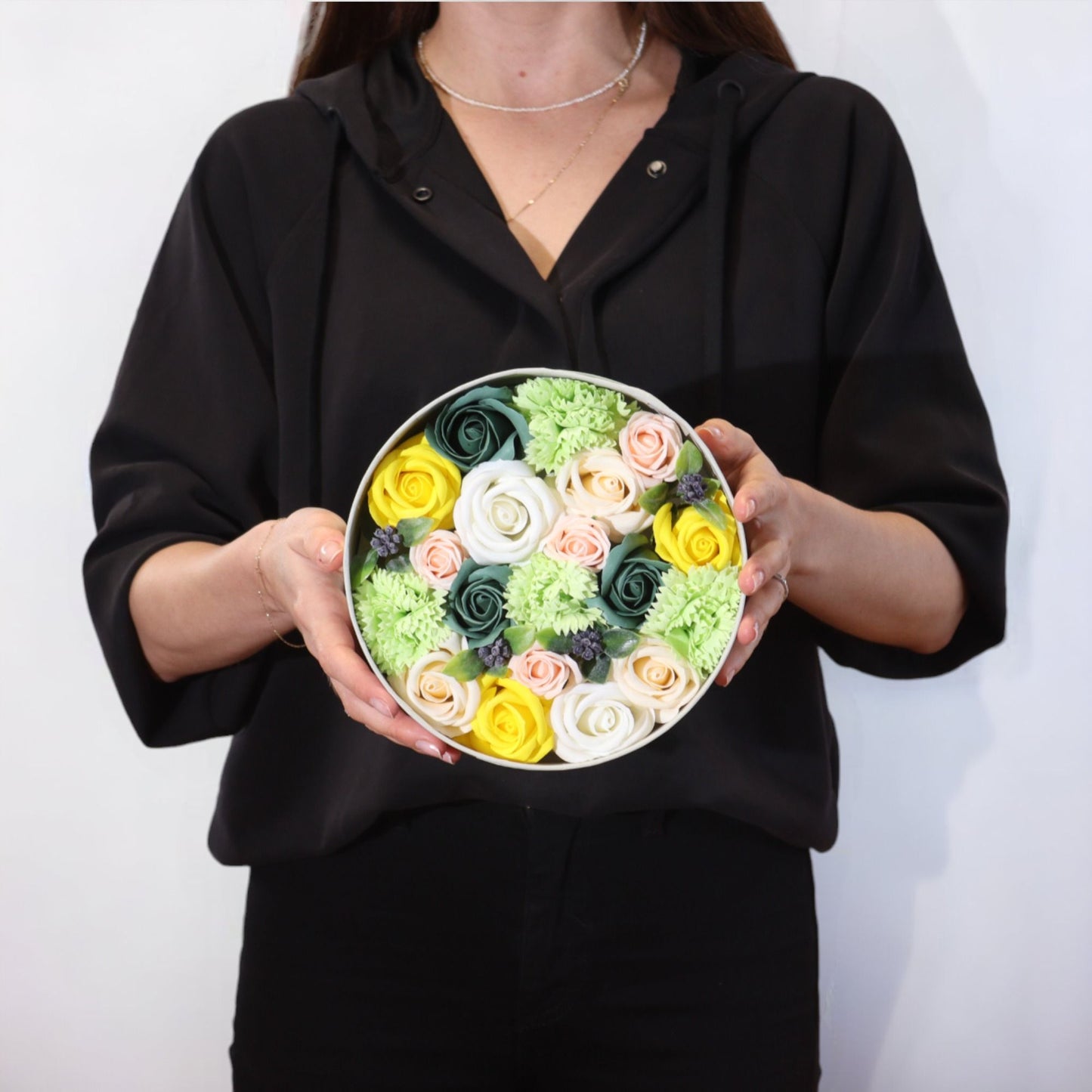 Round Box - Spring Celebrations - Yellow & Greens -- Soap Flower Gift