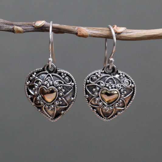 Silver & Gold Earrings - Mandala Hearts