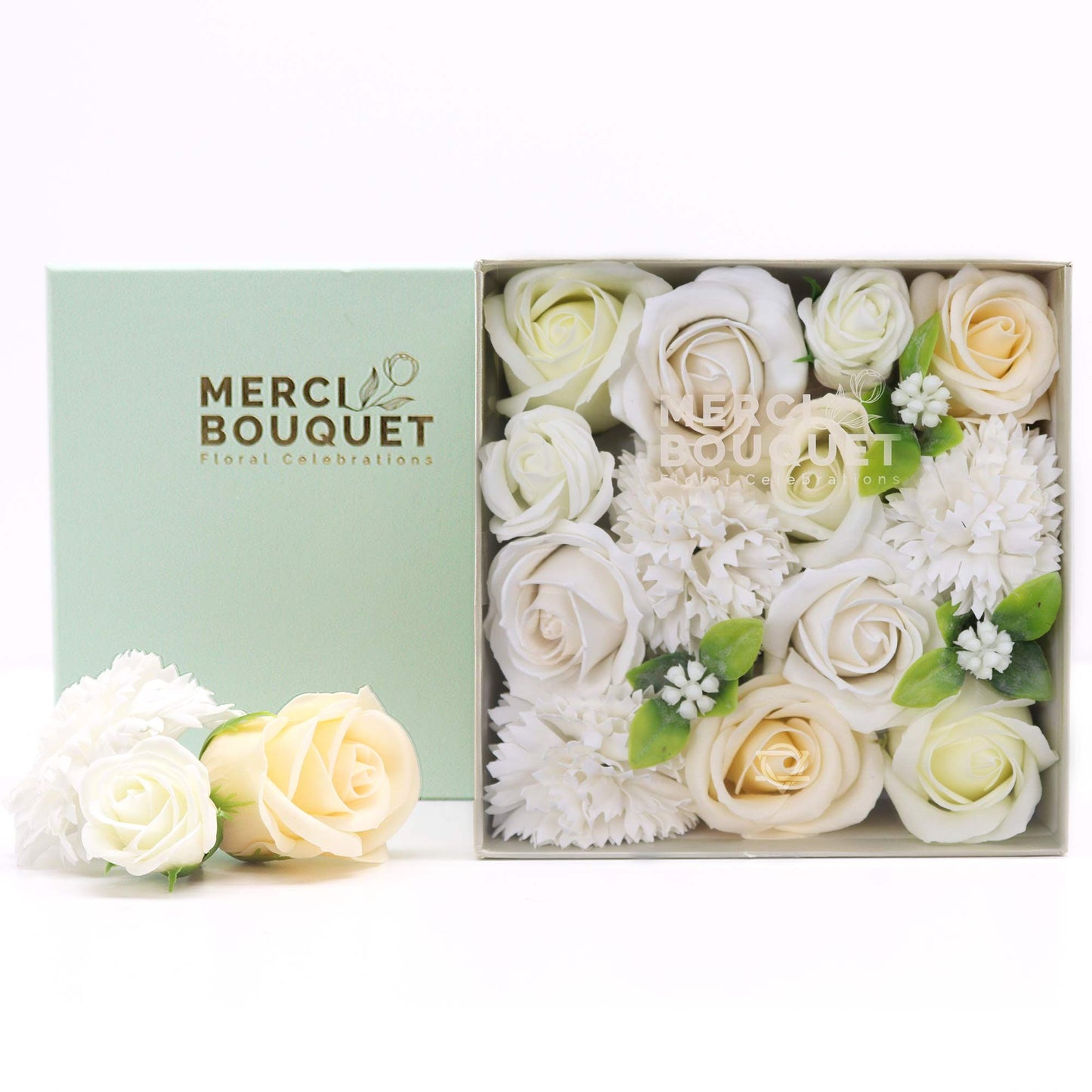 Square Box - Wedding Blessings - White & Ivory -  Soap Flower Gift