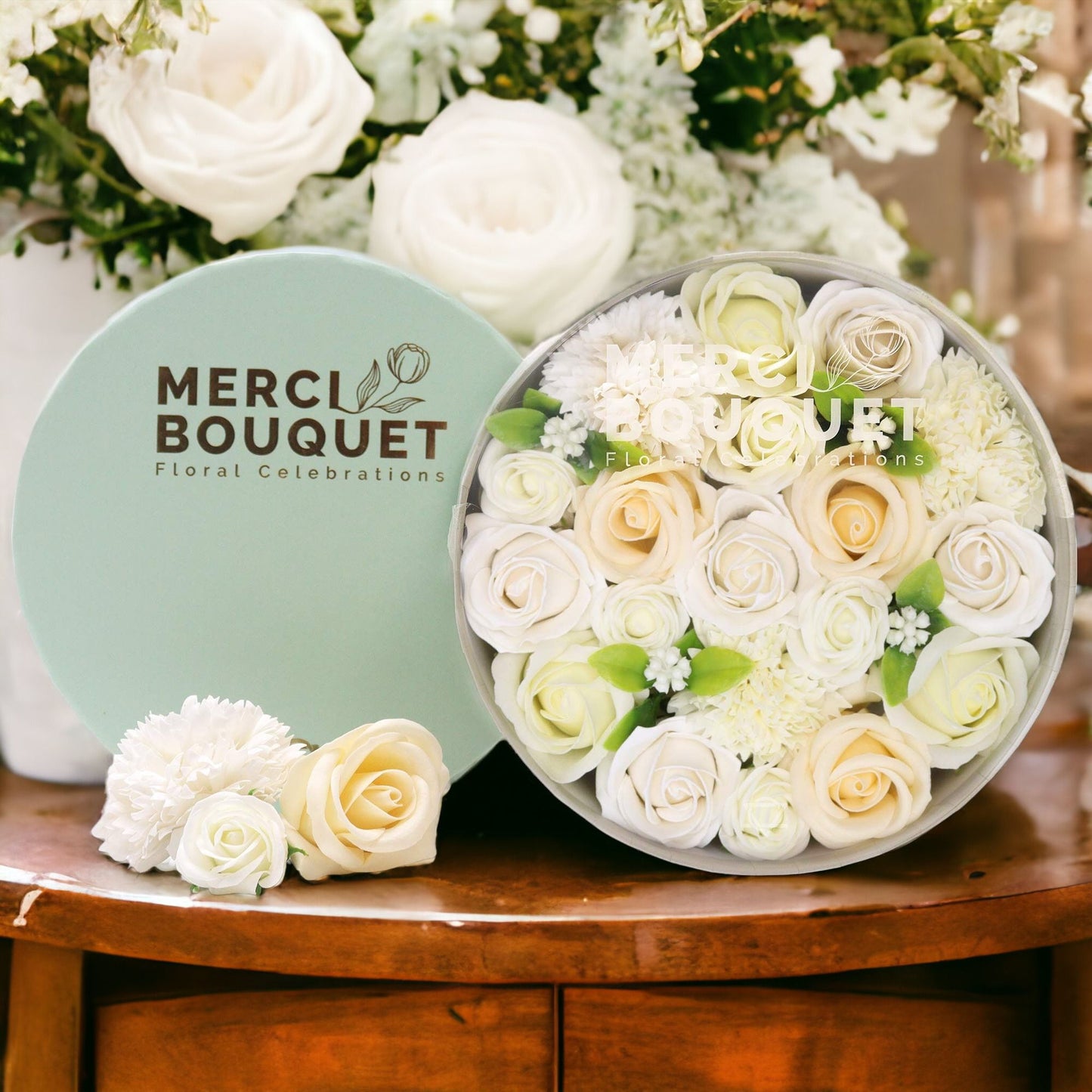 Round Box - Wedding Blessings - White & Ivory Soap Flower Gift