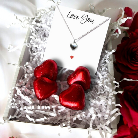 Puff Heart Silver Necklace & Love You Mini Gift Hamper
