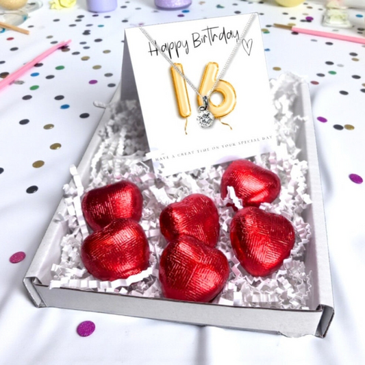 16th Birthday Cubic Zirconia Necklace & Gold Balloons Mini Hamper