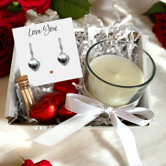 Small Love You Gift Hamper - Silver Heart Drop Earrings, Chocolates & Candle