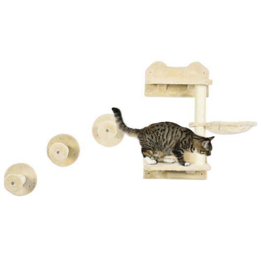Cat Shelf with Scratching Post, Wall-Mounted Cat Tree for Indoor Cat - Beige