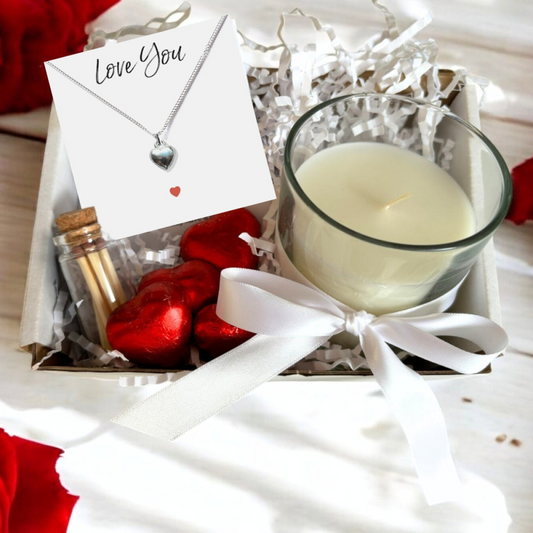 Small Love You Gift Hamper - Silver Heart Necklace, Chocolates & Candle