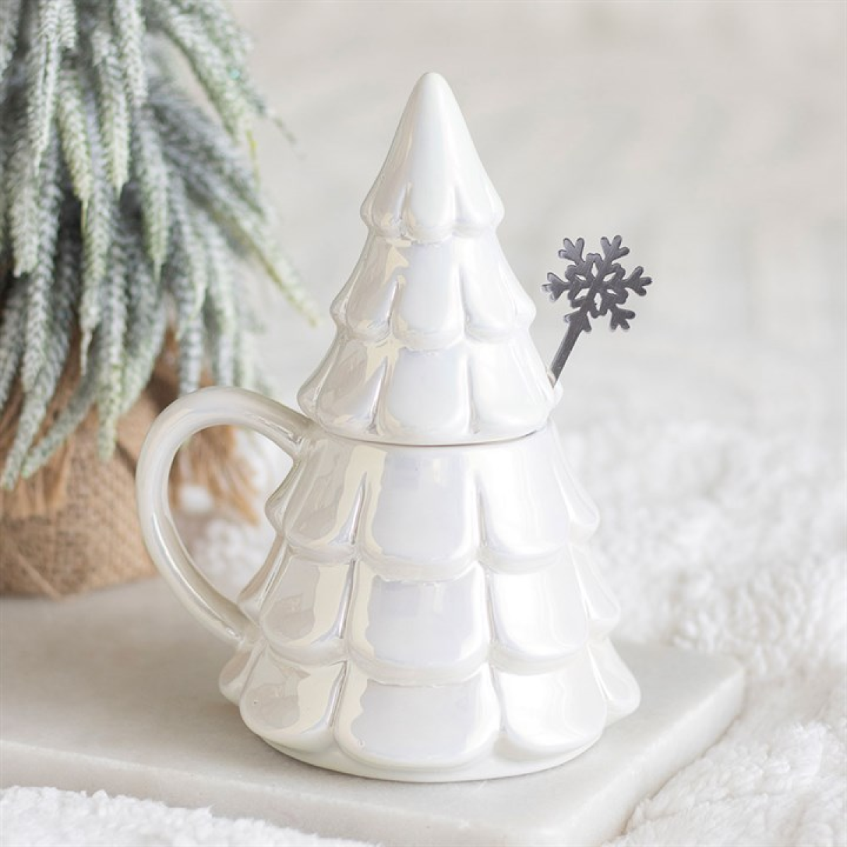 Iridescent Fir Tree Mug and Snowflake Spoon Christmas Set
